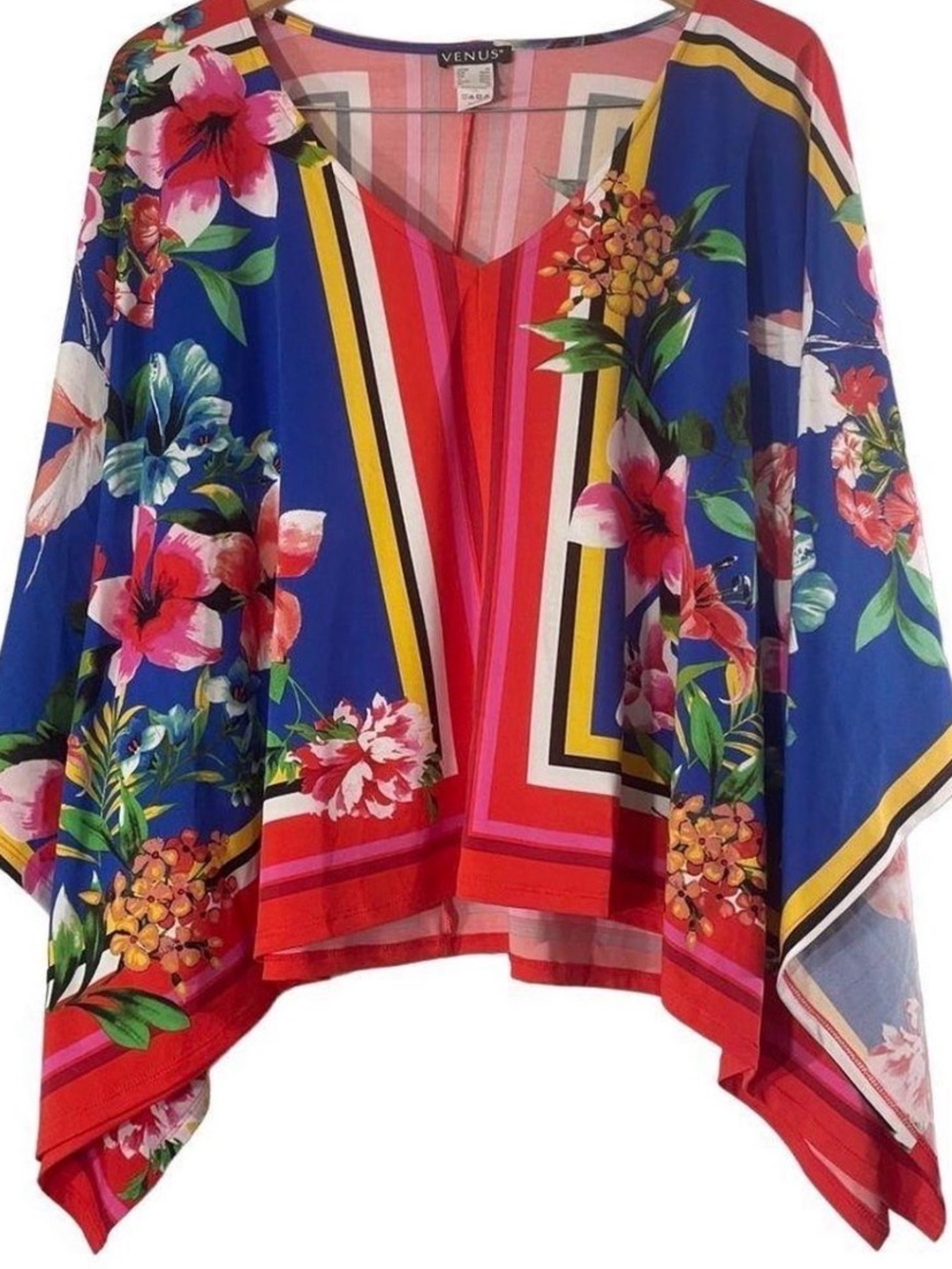 VENUS Blue and Red Floral Draped Kimono Tunic